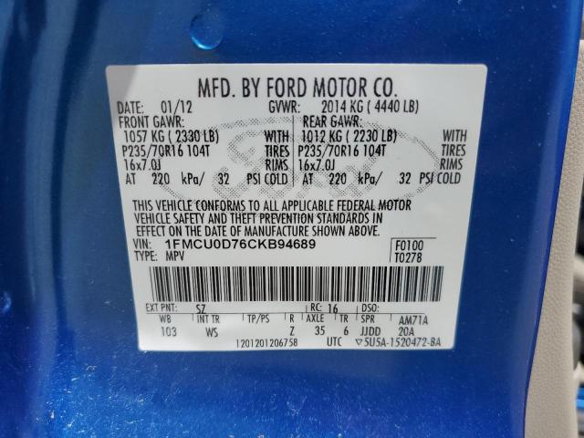 1FMCU0D76CKB94689 - 2012 FORD ESCAPE XLT BLUE photo 12