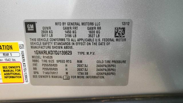 1GNKRLKD7DJ139629 - 2013 CHEVROLET TRAVERSE LTZ SILVER photo 10