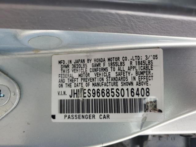 JHMES96685S016408 - 2005 HONDA CIVIC HYBRID BLUE photo 12