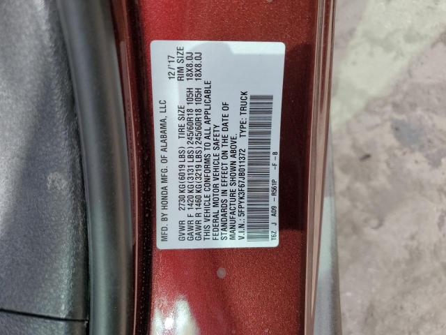 5FPYK3F67JB011372 - 2018 HONDA RIDGELINE RTL MAROON photo 12