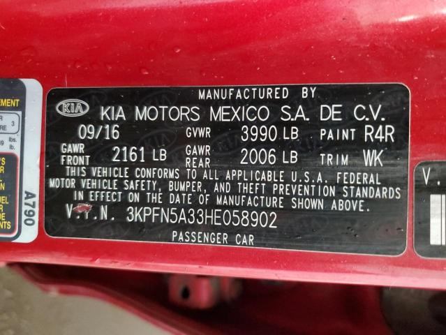 3KPFN5A33HE058902 - 2017 KIA FORTE EX RED photo 12