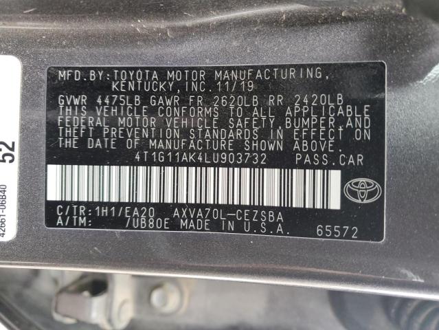 4T1G11AK4LU903732 - 2020 TOYOTA CAMRY SE GRAY photo 12