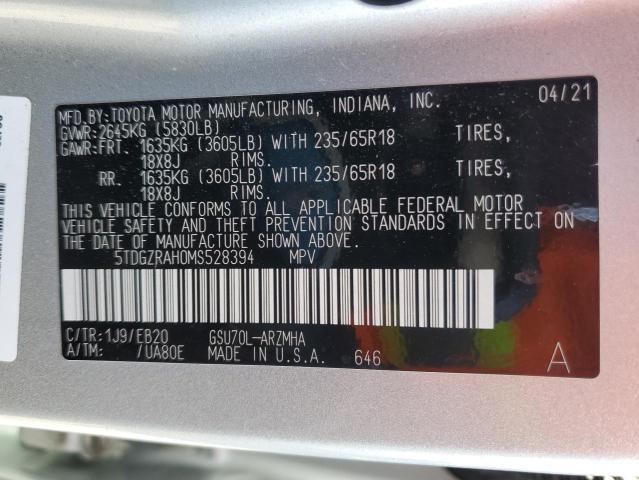 5TDGZRAH0MS528394 - 2021 TOYOTA HIGHLANDER XLE 银色 照片 13