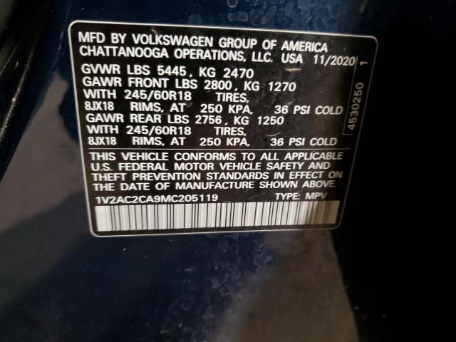 1V2AC2CA9MC205119 - 2021 VOLKSWAGEN ATLAS CROS S BLUE photo 12