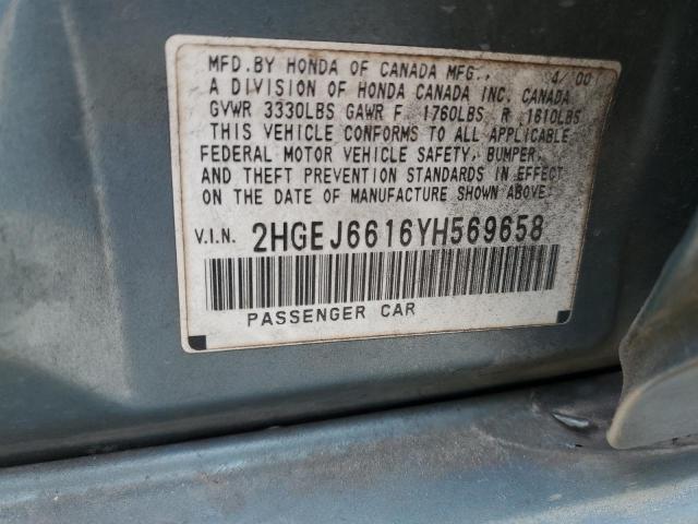 2HGEJ6616YH569658 - 2000 HONDA CIVIC BASE Dəniz mavisi foto 13