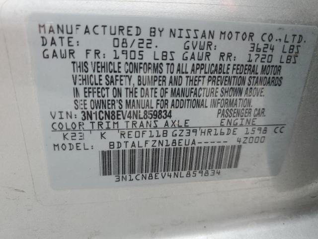 3N1CN8EV4NL859834 - 2022 NISSAN VERSA SV SILVER photo 12