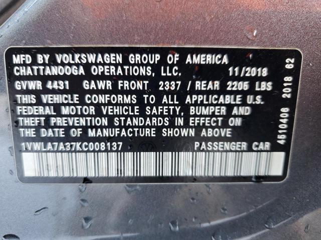 1VWLA7A37KC008137 - 2019 VOLKSWAGEN PASSAT WOLFSBURG 灰色 照片 12