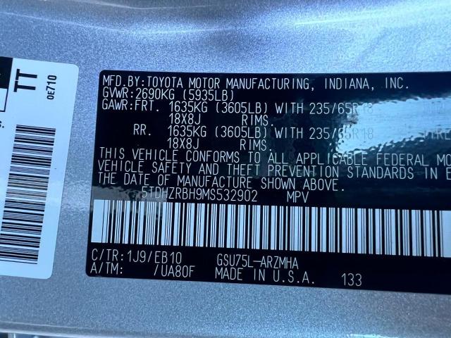 5TDHZRBH9MS532902 - 2021 TOYOTA HIGHLANDER XLE 银色 照片 10