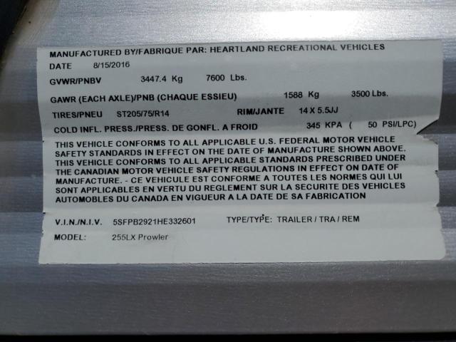 5SFPB2921HE332601 - 2017 HEART LAND PROWLER 银色 照片 10