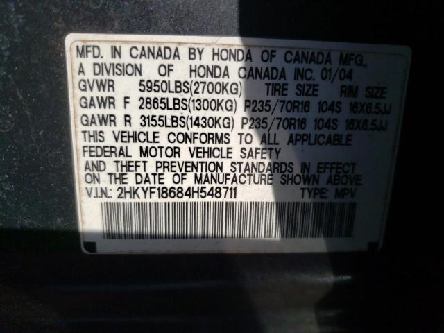 2HKYF18684H548711 - 2004 HONDA PILOT EXL GRAY photo 10