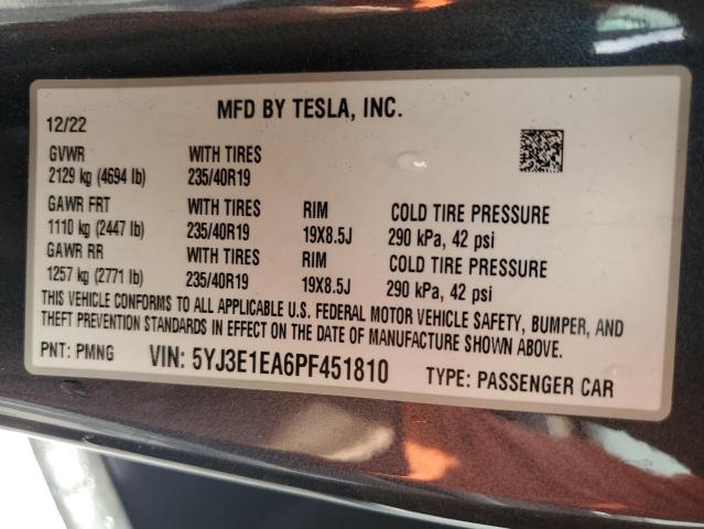 5YJ3E1EA6PF451810 - 2023 TESLA MODEL 3 GRAY photo 13