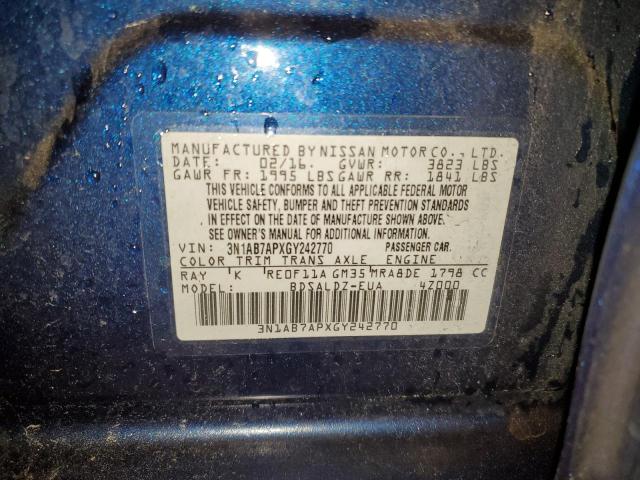 3N1AB7APXGY242770 - 2016 NISSAN SENTRA S BLUE photo 12
