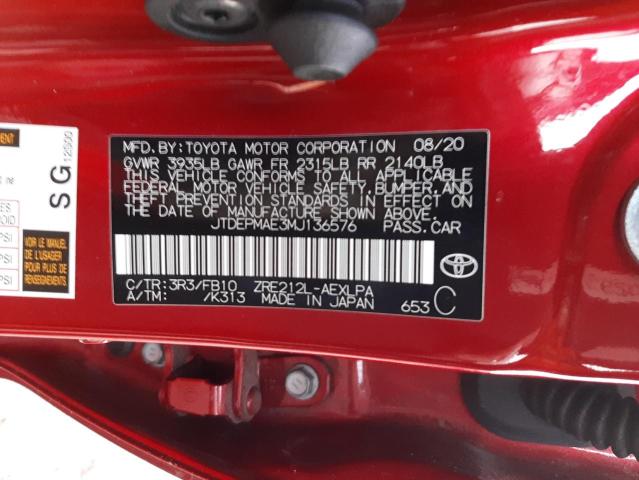 JTDEPMAE3MJ136576 - 2021 TOYOTA COROLLA LE RED photo 12