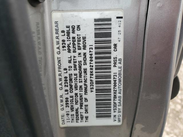 YS3DF78K027004731 - 2002 SAAB 9-3 SE GRAY photo 13