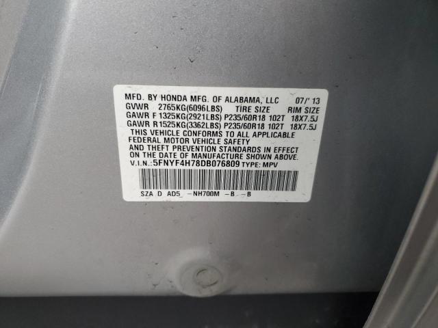 5FNYF4H78DB076809 - 2013 HONDA PILOT EXLN SILVER photo 13