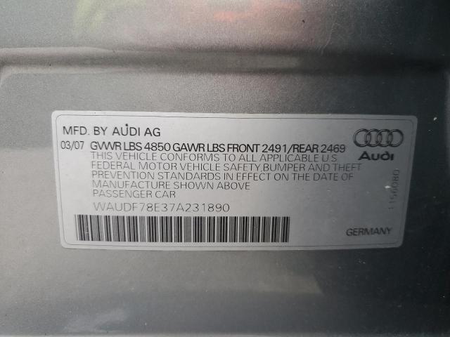 WAUDF78E37A231890 - 2007 AUDI A4 2.0T QUATTRO SILVER photo 12