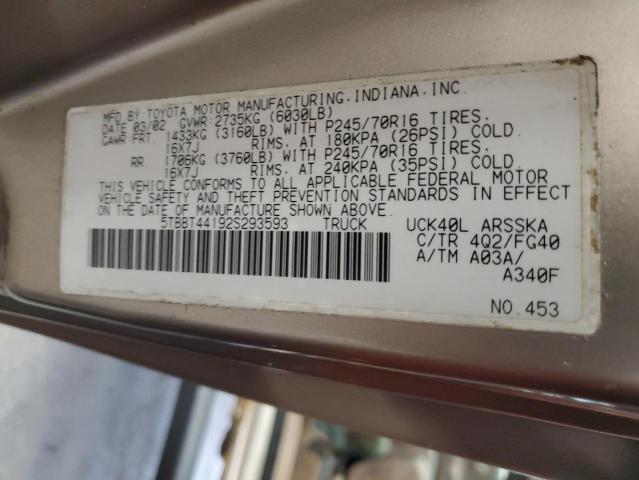 5TBBT44192S293593 - 2002 TOYOTA TUNDRA ACCESS CAB თაფლისფერი ფოტო 12