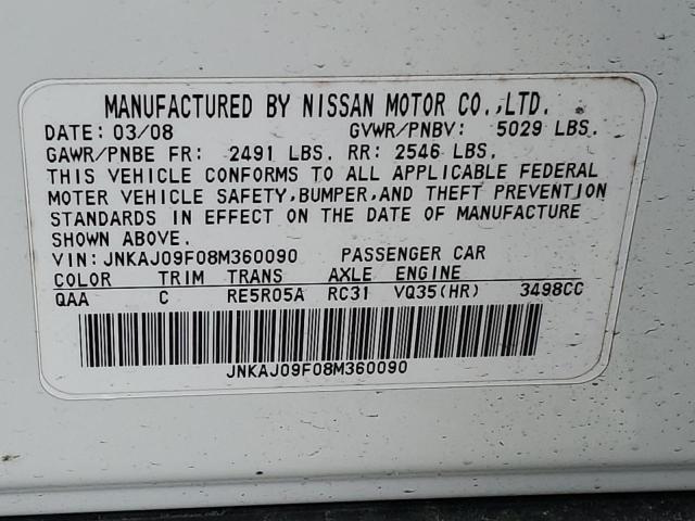 JNKAJ09F08M360090 - 2008 INFINITI EX35 BASE Սպիտակ լուսանկար 13