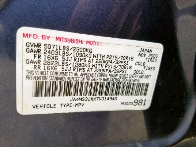 JA4MS31XX7U014946 - 2007 MITSUBISHI OUTLANDER ES  ფოტო 10