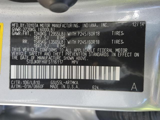 5TDJKRFHXFS116117 - 2015 TOYOTA HIGHLANDER XLE 银色 照片 14