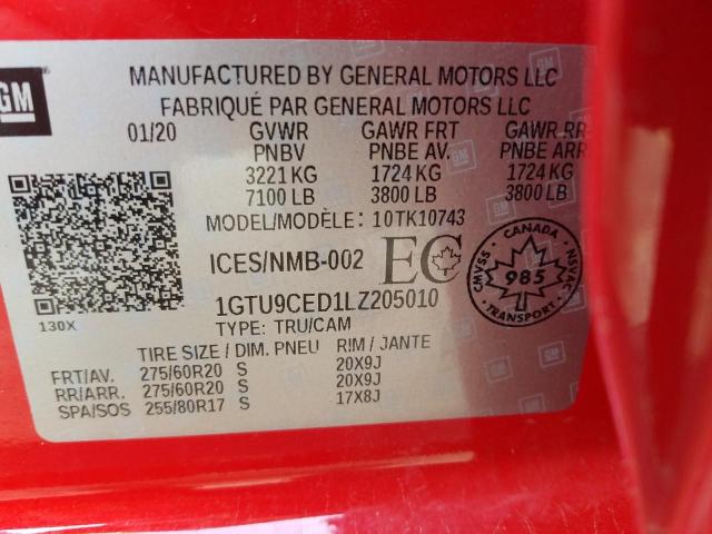 1GTU9CED1LZ205010 - 2020 GMC SIERRA K1500 ELEVATION RED photo 13