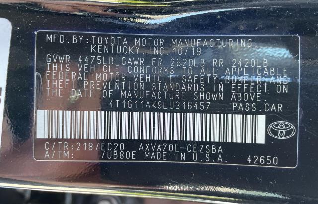 4T1G11AK9LU316457 - 2020 TOYOTA CAMRY SE BLACK photo 10