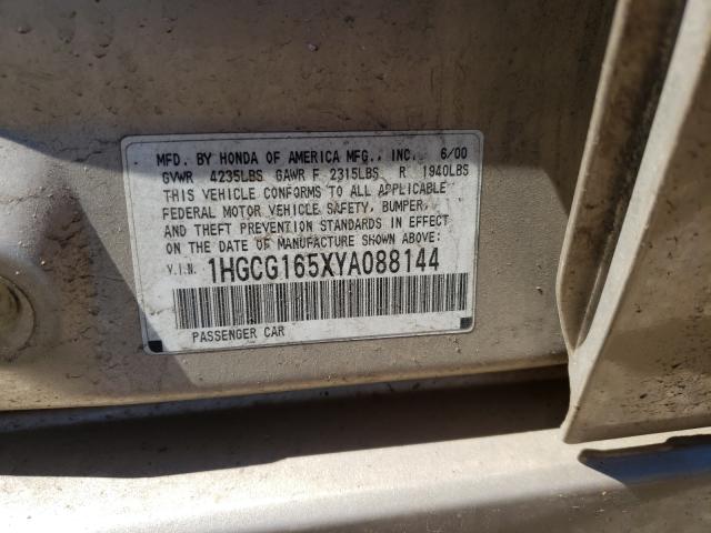 1HGCG165XYA088144 - 2000 HONDA ACCORD EX TAN photo 10