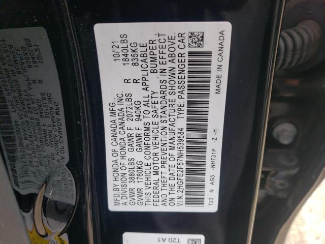 2HGFE2F57NH539584 - 2022 HONDA CIVIC SPORT 黑色 照片 12