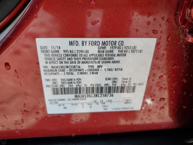 MAJ6S3GL3KC258736 - 2019 FORD ECOSPORT SE Rojo foto 12