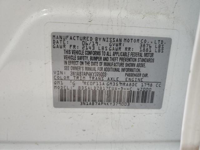 3N1AB7AP4KY379003 - 2019 NISSAN SENTRA S WHITE photo 12