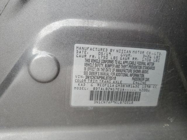 3N1CN7AP9KL870518 - 2019 NISSAN VERSA S GRAY photo 13