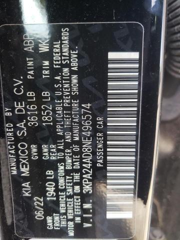 3KPA24AD8NE496574 - 2022 KIA RIO LX BLACK photo 12