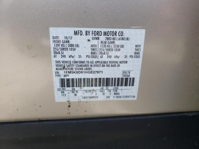 1FM5K8D81HGE27071 - 2017 FORD EXPLORER XLT GOLD photo 13