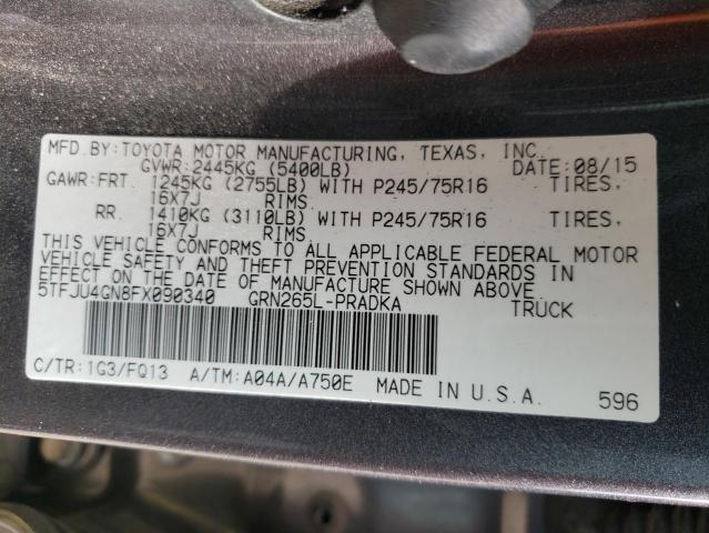 5TFJU4GN8FX090340 - 2015 TOYOTA TACOMA DOUBLE CAB PRERUNNER GRAY photo 12