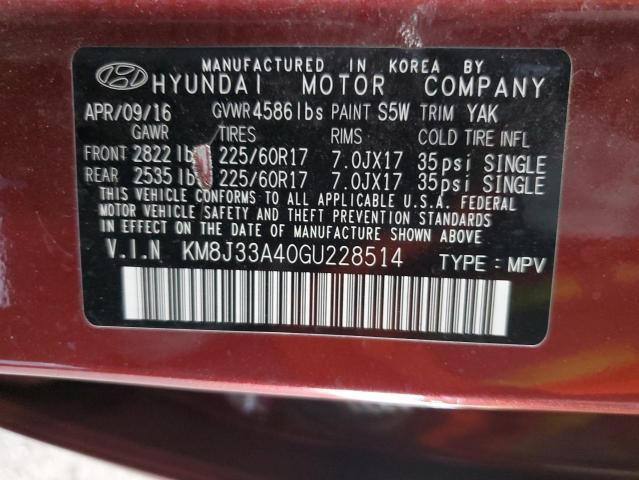 KM8J33A40GU228514 - 2016 HYUNDAI TUCSON LIMITED BURGUNDY photo 12