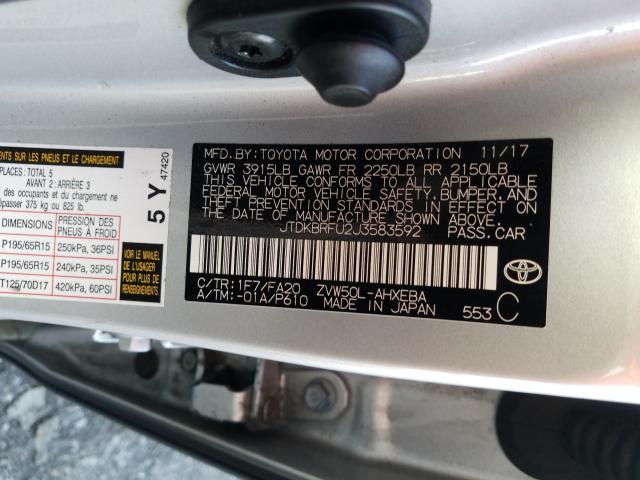 JTDKBRFU2J3583592 - 2018 TOYOTA PRIUS SILVER photo 10