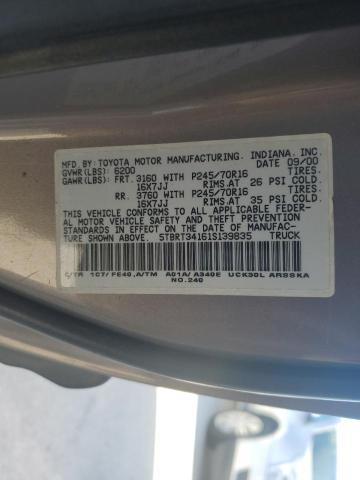 5TBRT34161S139835 - 2001 TOYOTA TUNDRA ACCESS CAB ნაცრისფერი ფოტო 12