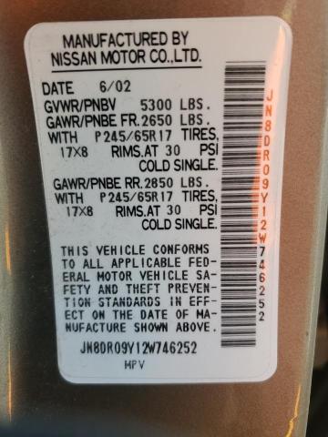 JN8DR09Y12W746252 - 2002 NISSAN PATHFINDER LE ბეჟი ფოტო 13