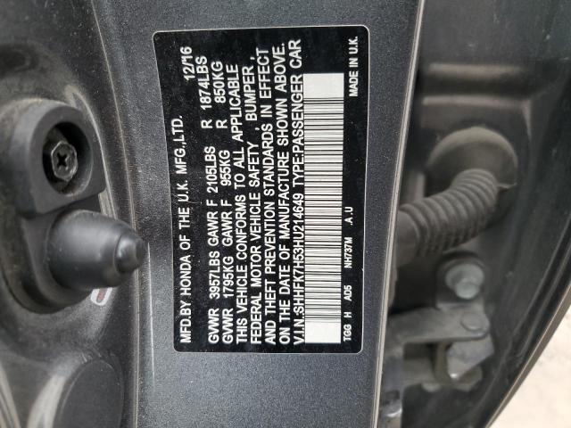 SHHFK7H53HU214649 - 2017 HONDA CIVIC EX GRAY photo 12