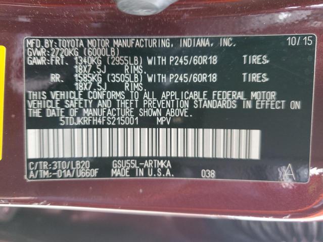 5TDJKRFH4FS215001 - 2015 TOYOTA HIGHLANDER XLE 勃艮第红 照片 13