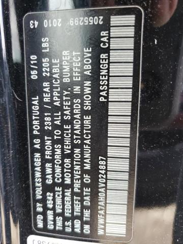 WVWFA7AH0AV024887 - 2010 VOLKSWAGEN EOS LUX 黑色 照片 12