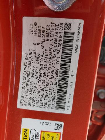 2HGFE2F53NH598602 - 2022 HONDA CIVIC SPORT RED photo 12