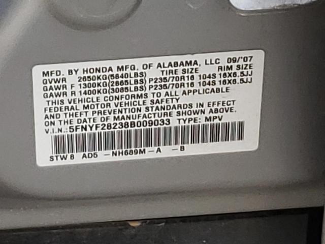 5FNYF28238B009033 - 2008 HONDA PILOT VP SILVER photo 12