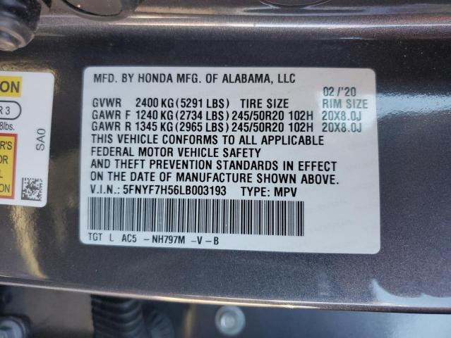 5FNYF7H56LB003193 - 2020 HONDA PASSPORT EXL ნაცრისფერი ფოტო 13