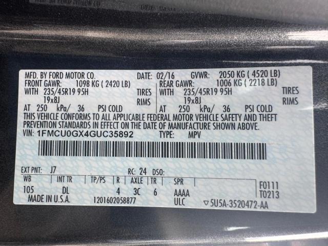 1FMCU0GX4GUC35892 - 2016 FORD ESCAPE SE GRAY photo 15