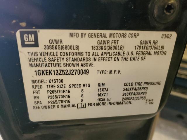 1GKEK13Z52J270049 - 2002 GMC YUKON BLACK photo 12