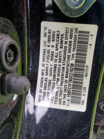 19XFC1F78GE216238 - 2016 HONDA CIVIC EXL შავი ფოტო 12