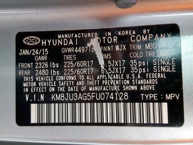 KM8JU3AG5FU074128 - 2015 HYUNDAI TUCSON LIMITED  photo 10