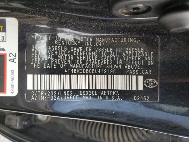 4T1BK3DB0BU419196 - 2011 TOYOTA AVALON BASE BLACK photo 12