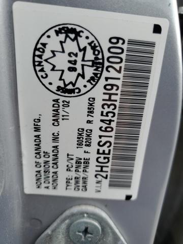 2HGES16453H912009 - 2003 HONDA CIVIC DX SILVER photo 12